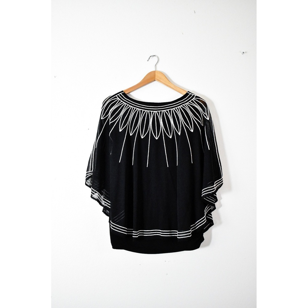 Alfani Cape Blouse Women 2X Black White Y2K Embroidered Sheer Butterfly Sleeve